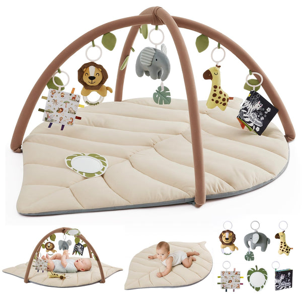 Blissful Diary leaf-shaped play mat in oatmeal beige for tummy time and sensory exploration.