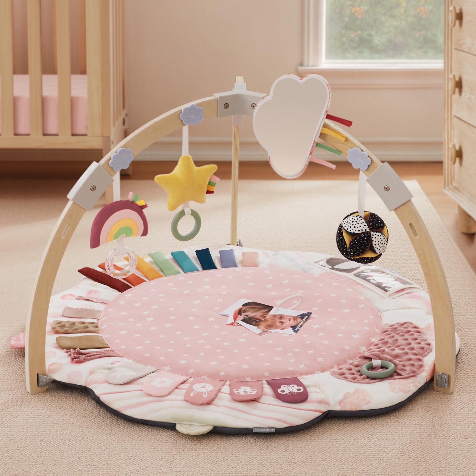 Blissful Diary machine-washable mat simplifies cleanup after playtime.