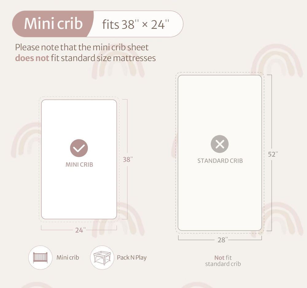 Blissful Diary mini crib sheets fit 38x24 mattresses for secure Pack N Play compatibility.