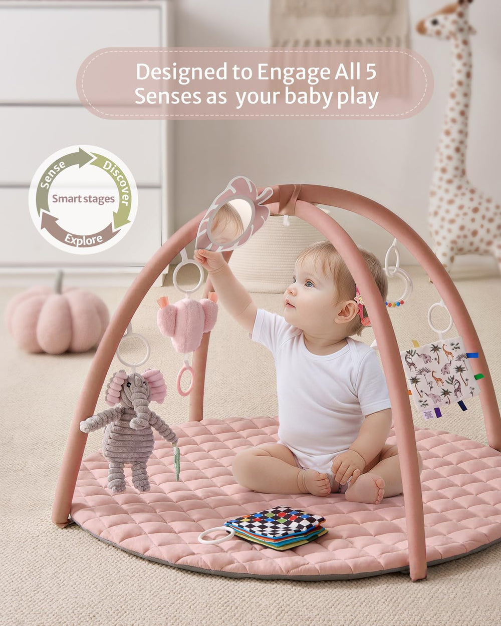 Mirror toy on Blissful Diary gym mat to support self-recognition during floor time.