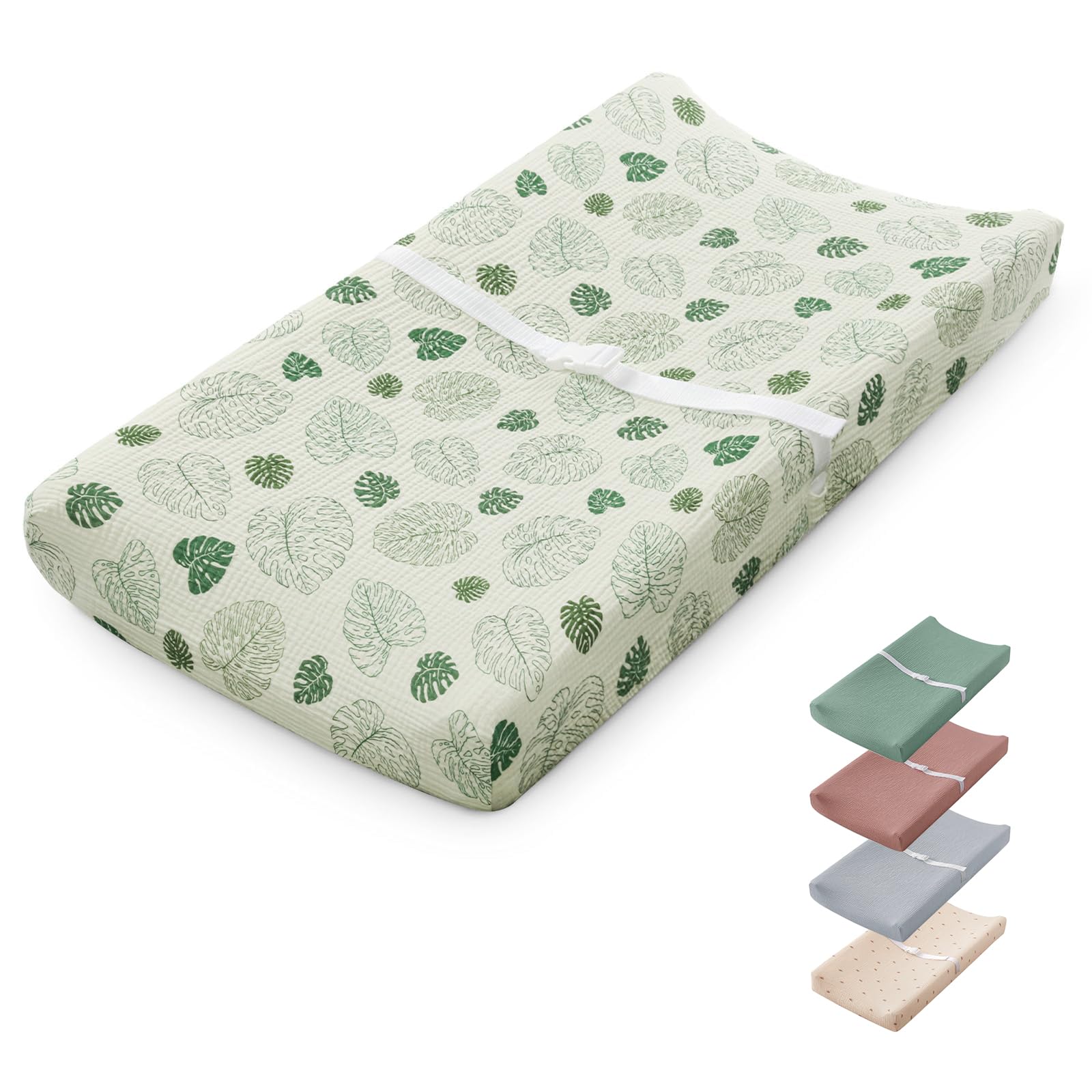 Blissful Diary Monstera changing pad cover provides soft muslin comfort for newborn diaper changes.