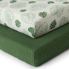 Blissful Diary monstera-pattern crib sheet adds modern style to a neutral nursery