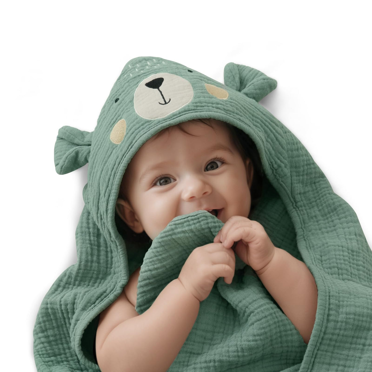 Blissful Diary muslin baby hooded towel provides gentle after-bath drying