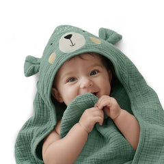 Blissful Diary muslin baby hooded towel provides gentle after-bath drying