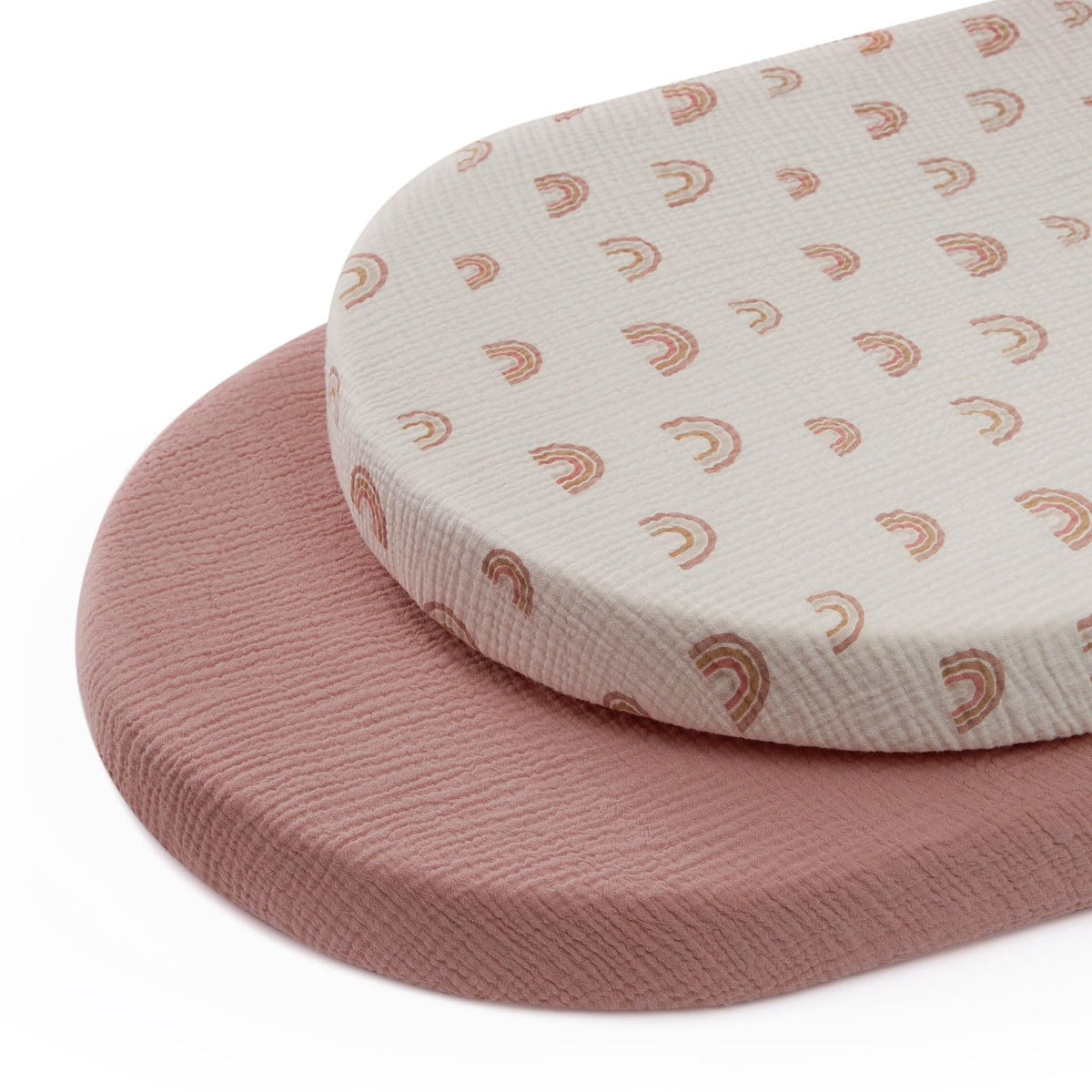 Blissful Diary muslin bassinet sheet in dusty pink, breathable for delicate baby skin.