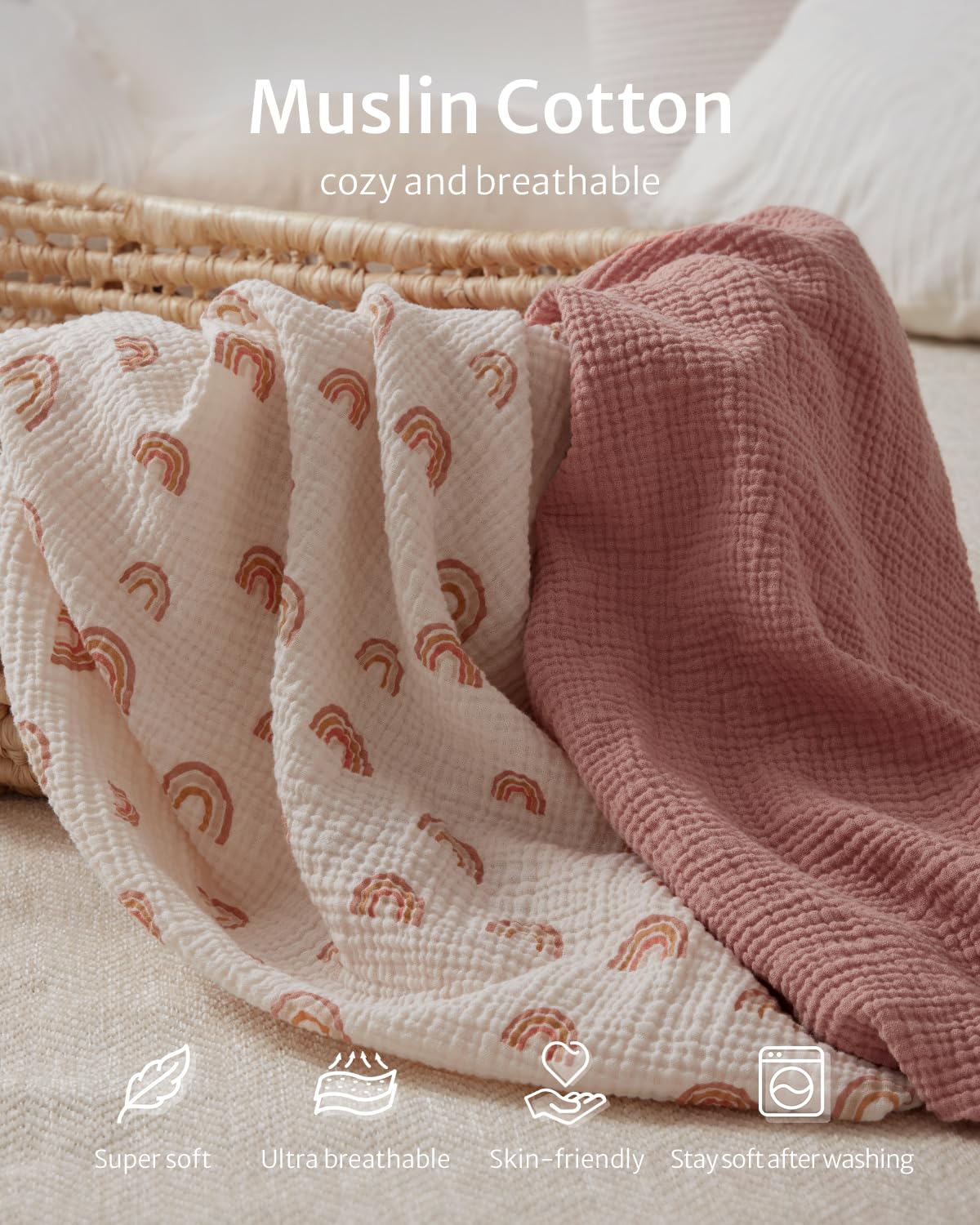 Blissful Diary muslin bassinet sheet with rainbow pattern, cozy for all-night comfort.