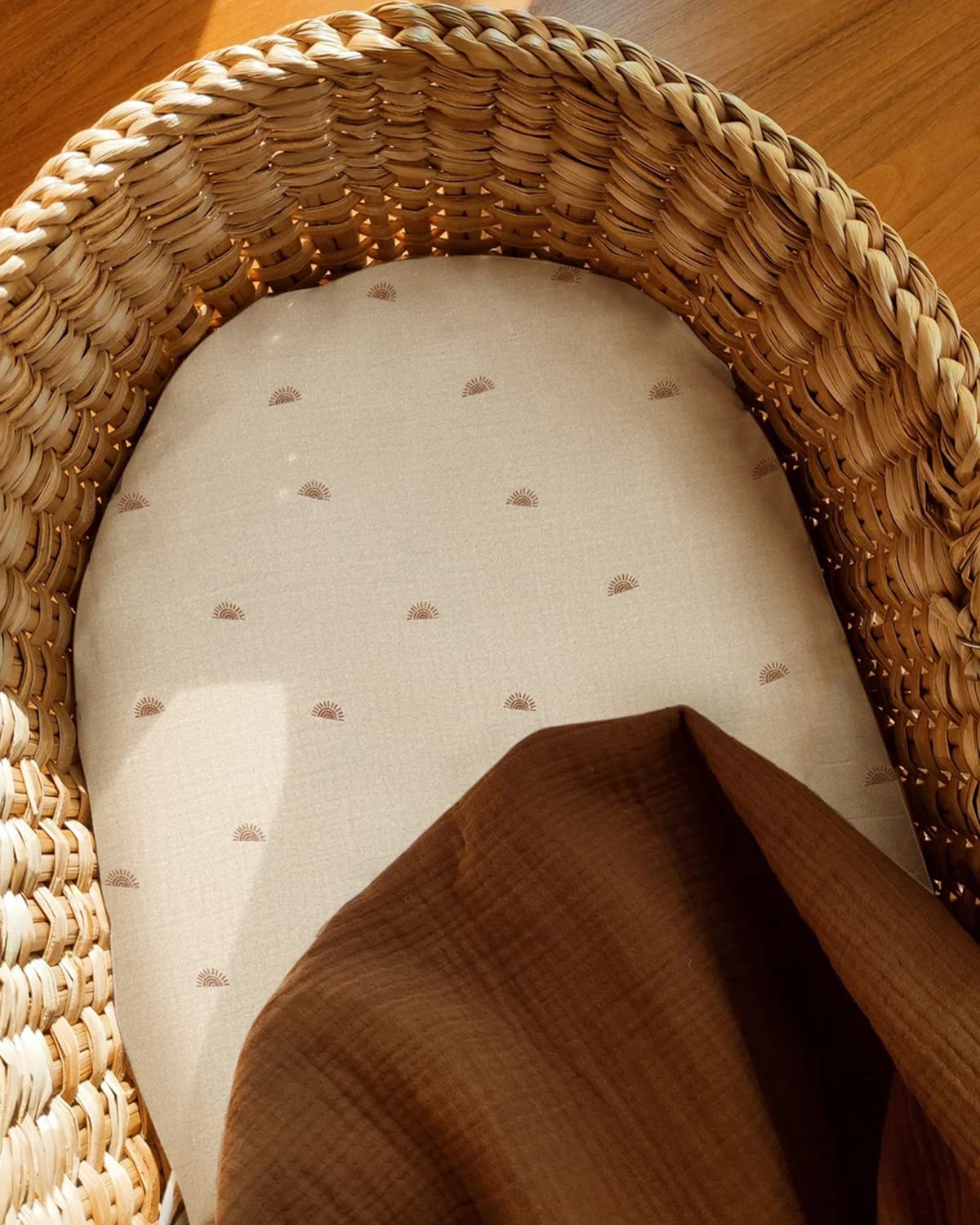 Soft, breathable muslin fabric keeps baby comfy in Blissful Diary Sunshine Brown sheets