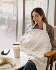 Blissful Diary breathable muslin fabric keeps mom and baby cool.