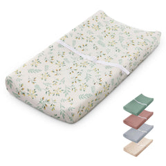 Blissful Diary changing pad with botanical leaf design, front view showing size and shape for nursery spaces