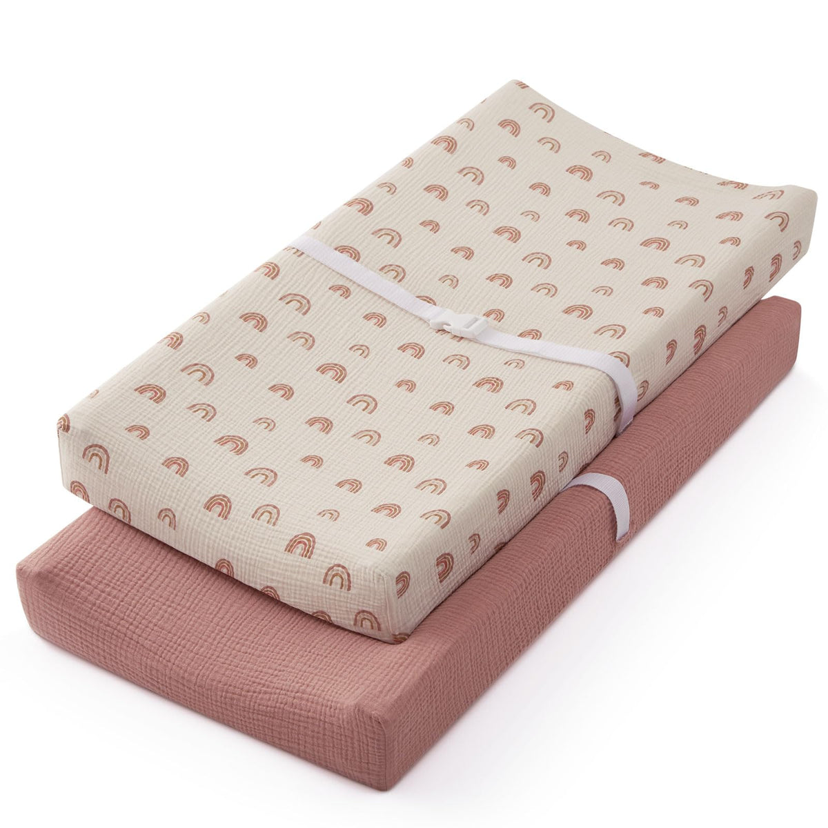 Blissful Diary dusty pink muslin changing pad cover offers ultra-soft comfort for baby.