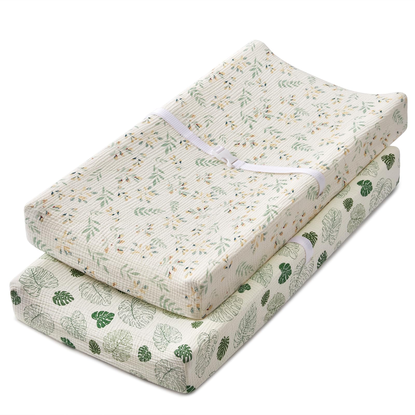 Blissful Diary leaf-print muslin changing pad cover for a soft, breathable changing surface.