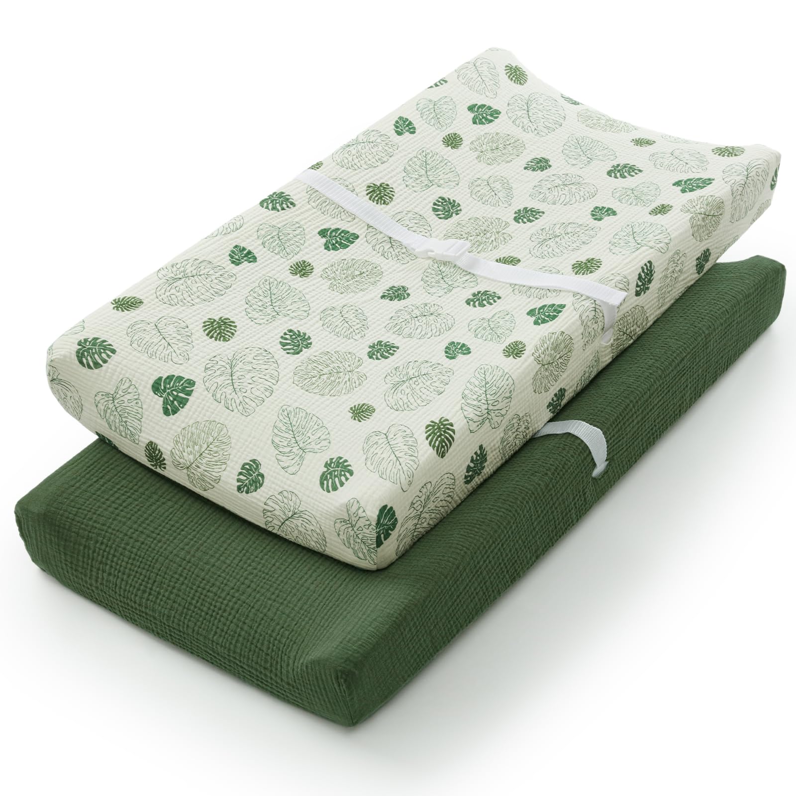 Blissful Diary Monstera Leaves muslin changing pad cover delivers breathable softness for gentle diaper changes.