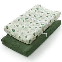 Blissful Diary Monstera Leaves muslin changing pad cover delivers breathable softness for gentle diaper changes.