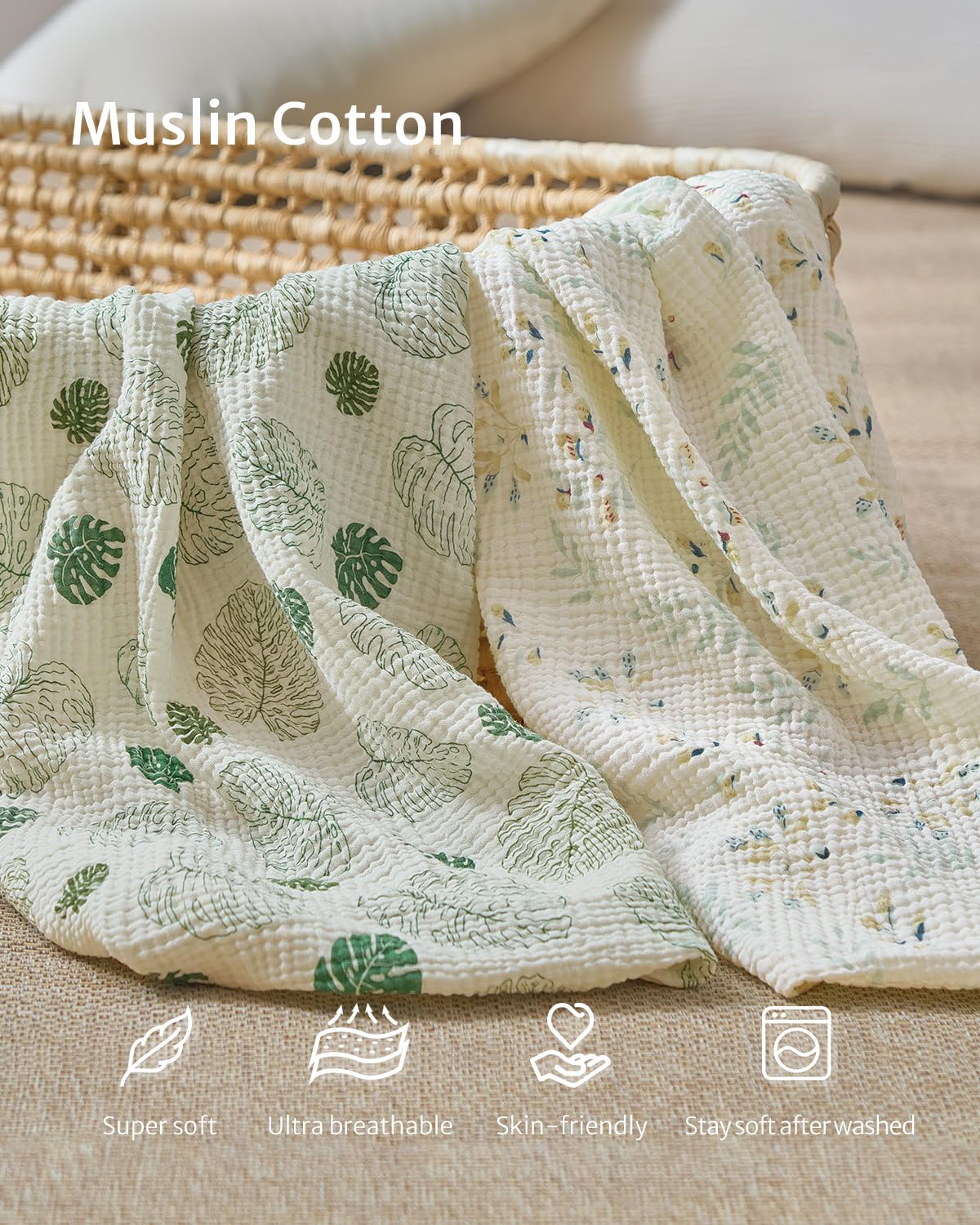 Blissful Diary monstera-print muslin changing pad cover for gentle diaper changes.