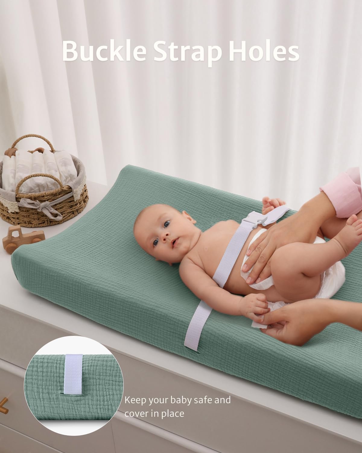Blissful Diary muslin changing pad cover shown on a changing pad for easy changes.