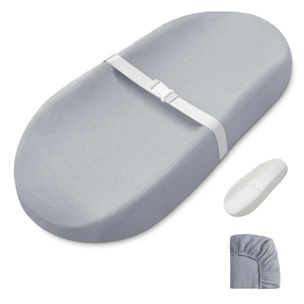 Blissful Diary muslin changing pad in gray cover, soft and breathable for diaper changes