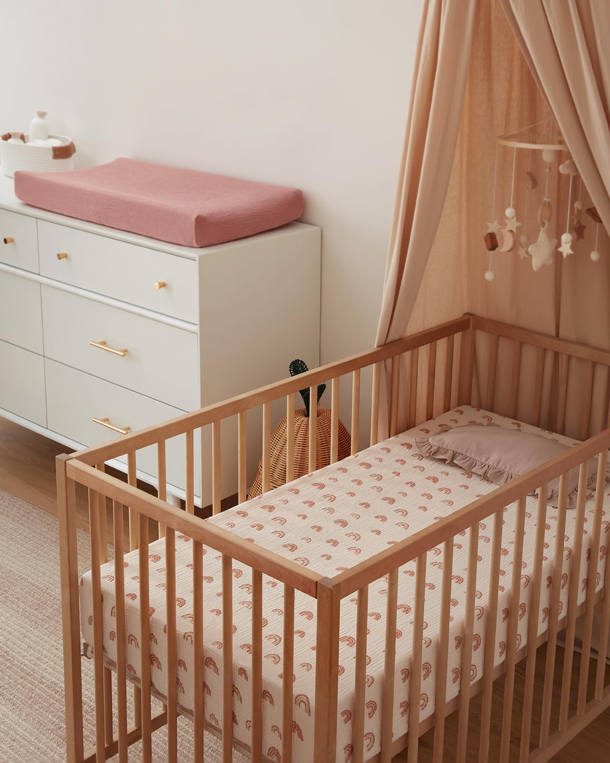 Boho-neutral Blissful Diary crib sheet complements varied nursery decor