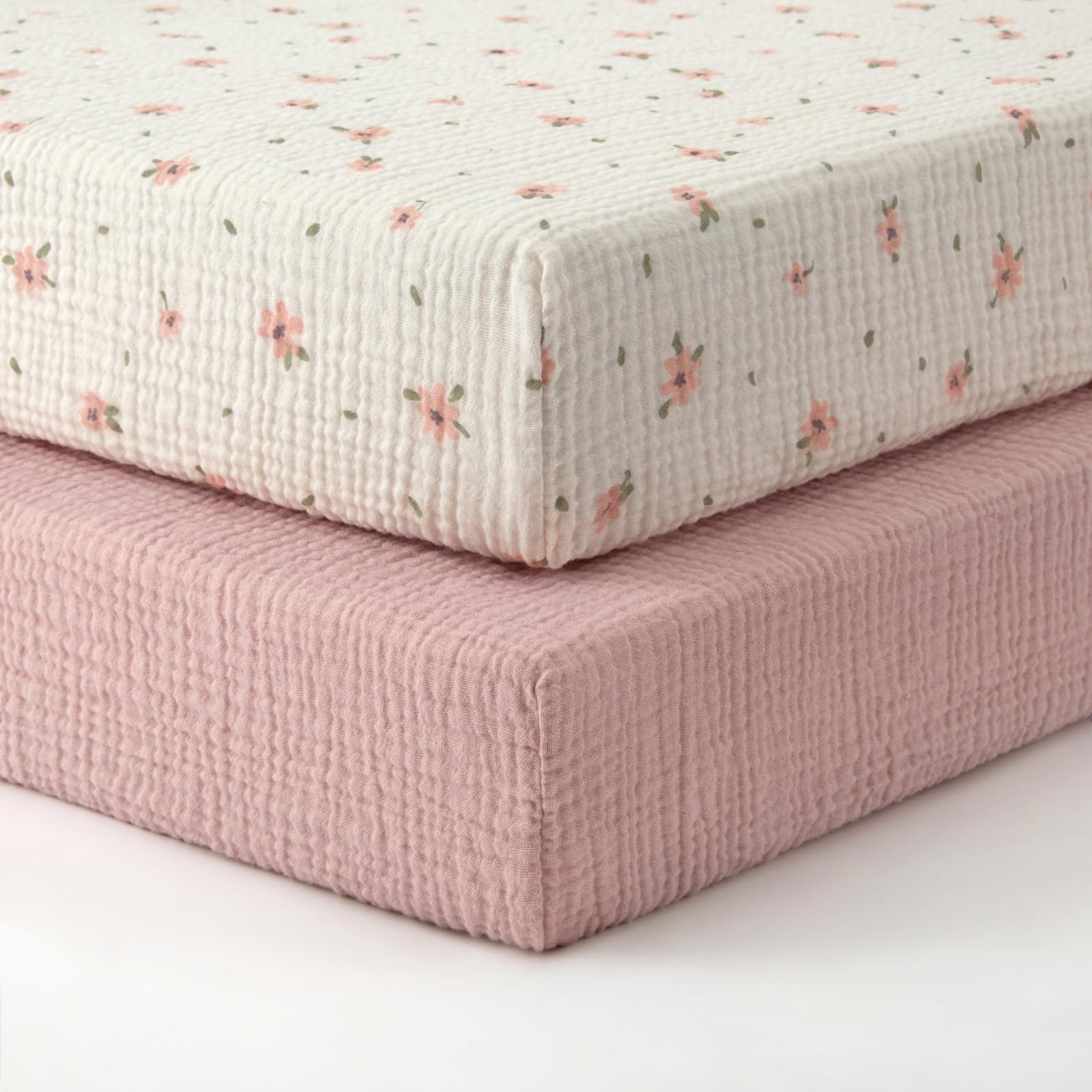 Blissful Diary pink floral muslin crib sheet offers breathable comfort for baby sleep