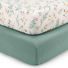 Blissful Diary muslin crib sheet in Roman Green offers soft, breathable comfort for naps