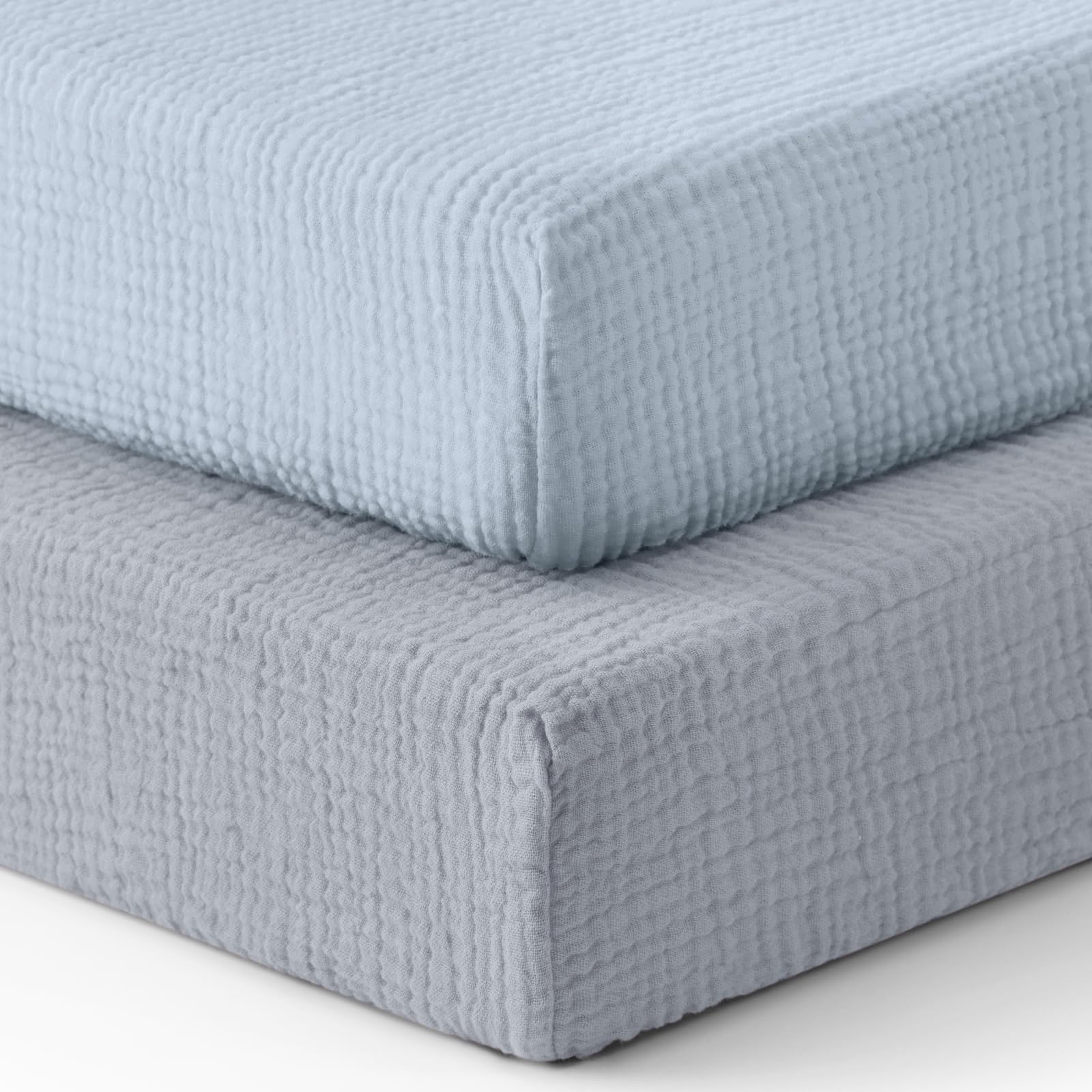 Blissful Diary muslin crib sheets in light blue pattern offering breathable baby comfort.
