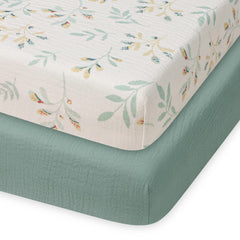 Blissful Diary muslin mini crib sheets with Roman Green Leaf pattern fit pack n play for cozy sleep