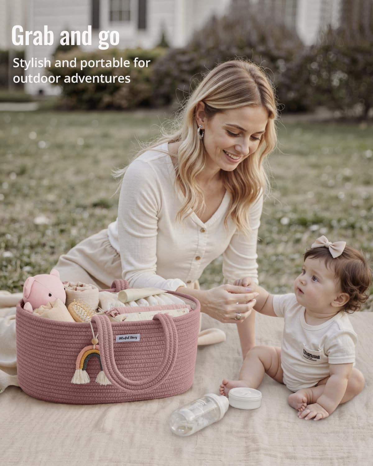 Blissful Diary nursery storage basket in soft pink enhances room decor.