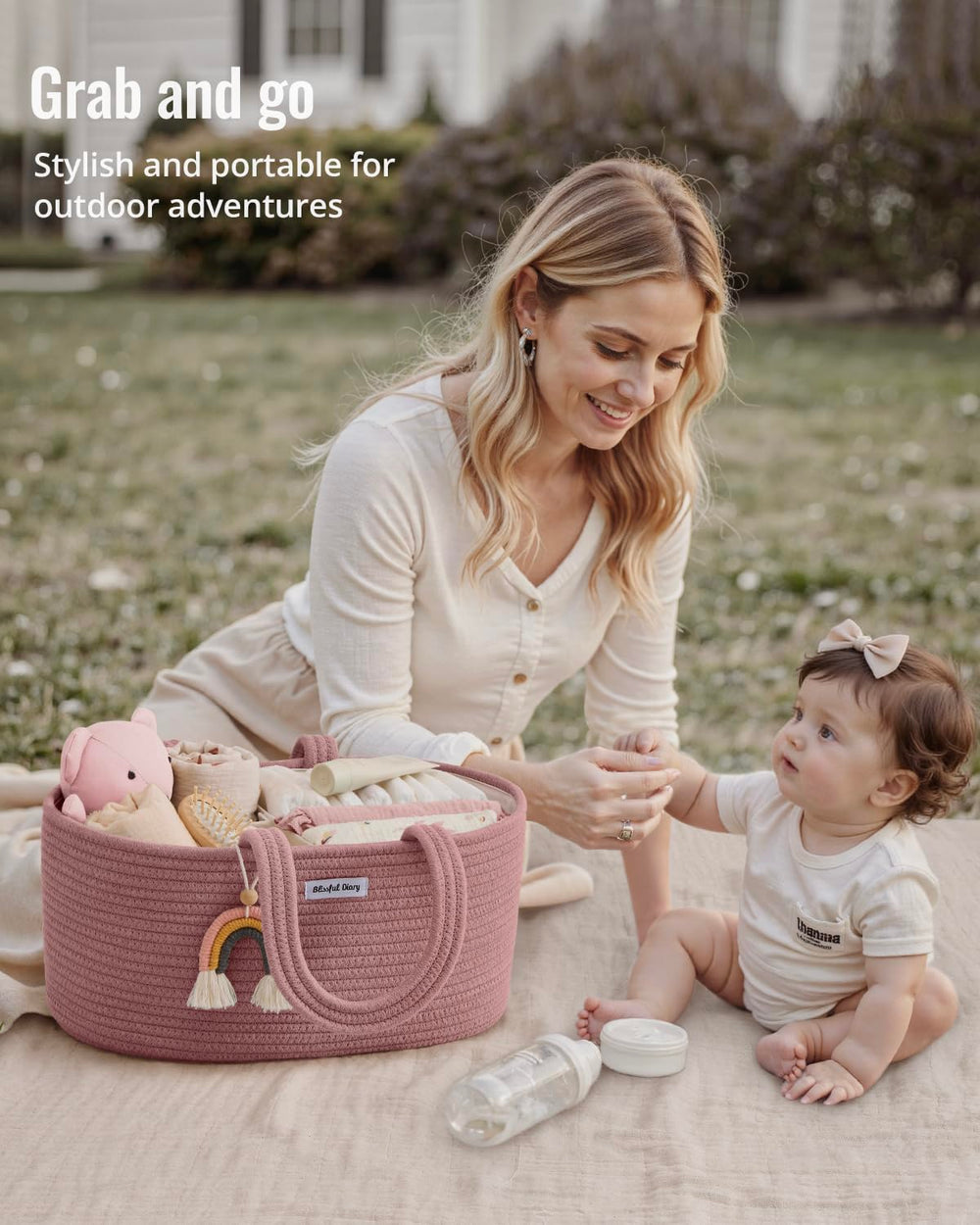 Blissful Diary nursery storage basket in soft pink enhances room decor.