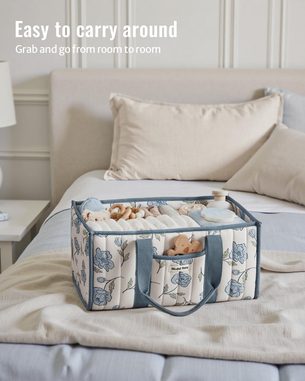 Blissful Diary outer pocket keeps pacifiers and small essentials within reach.