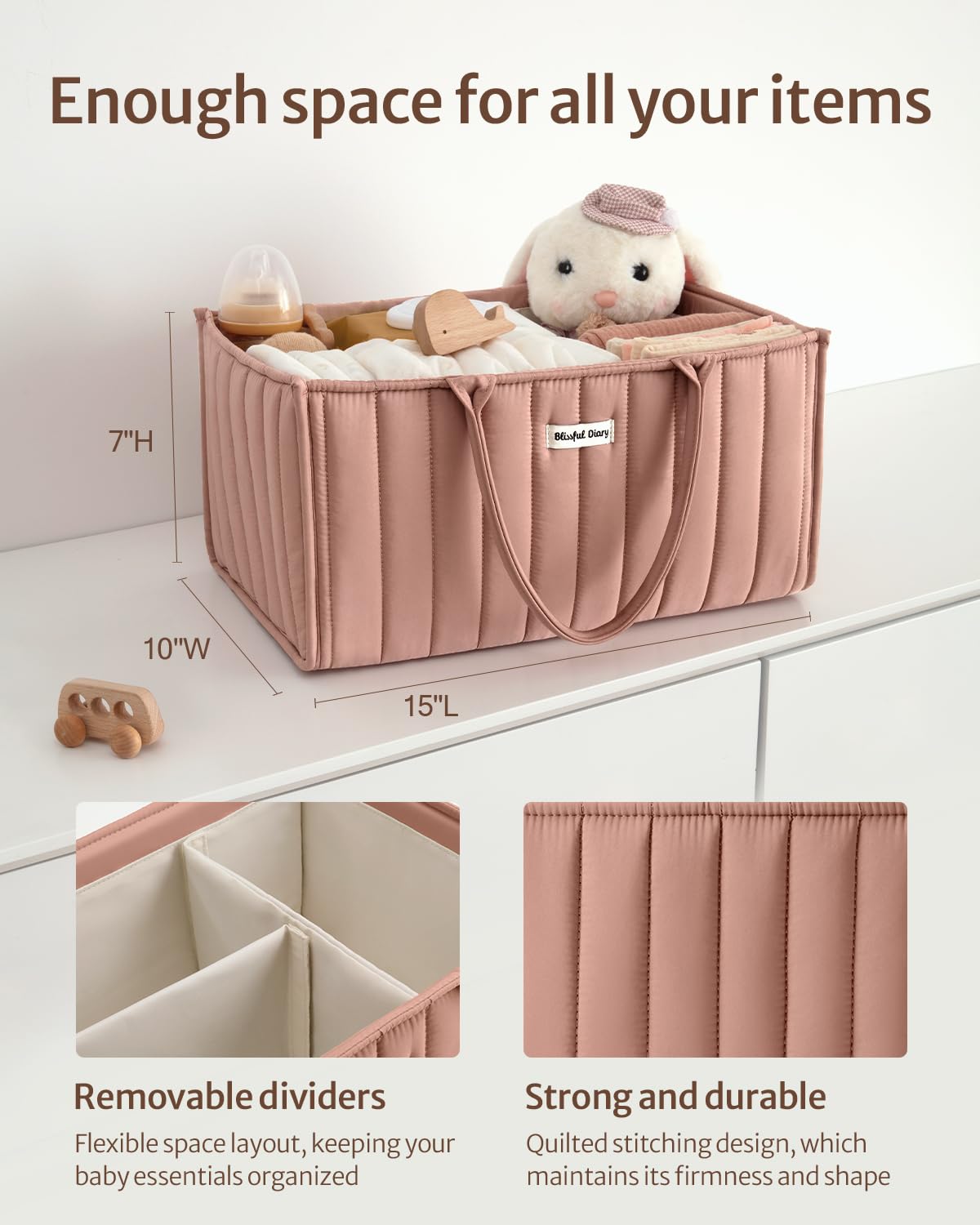 Blissful Diary pink nursery storage basket complements changing table decor.