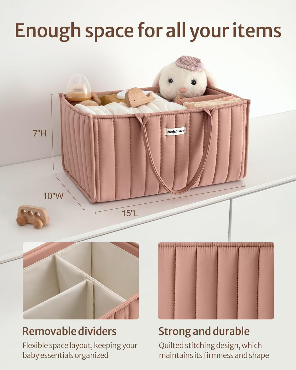 Blissful Diary pink nursery storage basket complements changing table decor.
