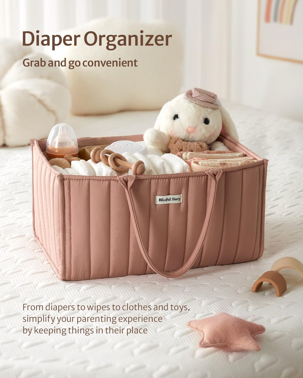 Blissful Diary portable nursery caddy for nursery, bathroom, and car trips.