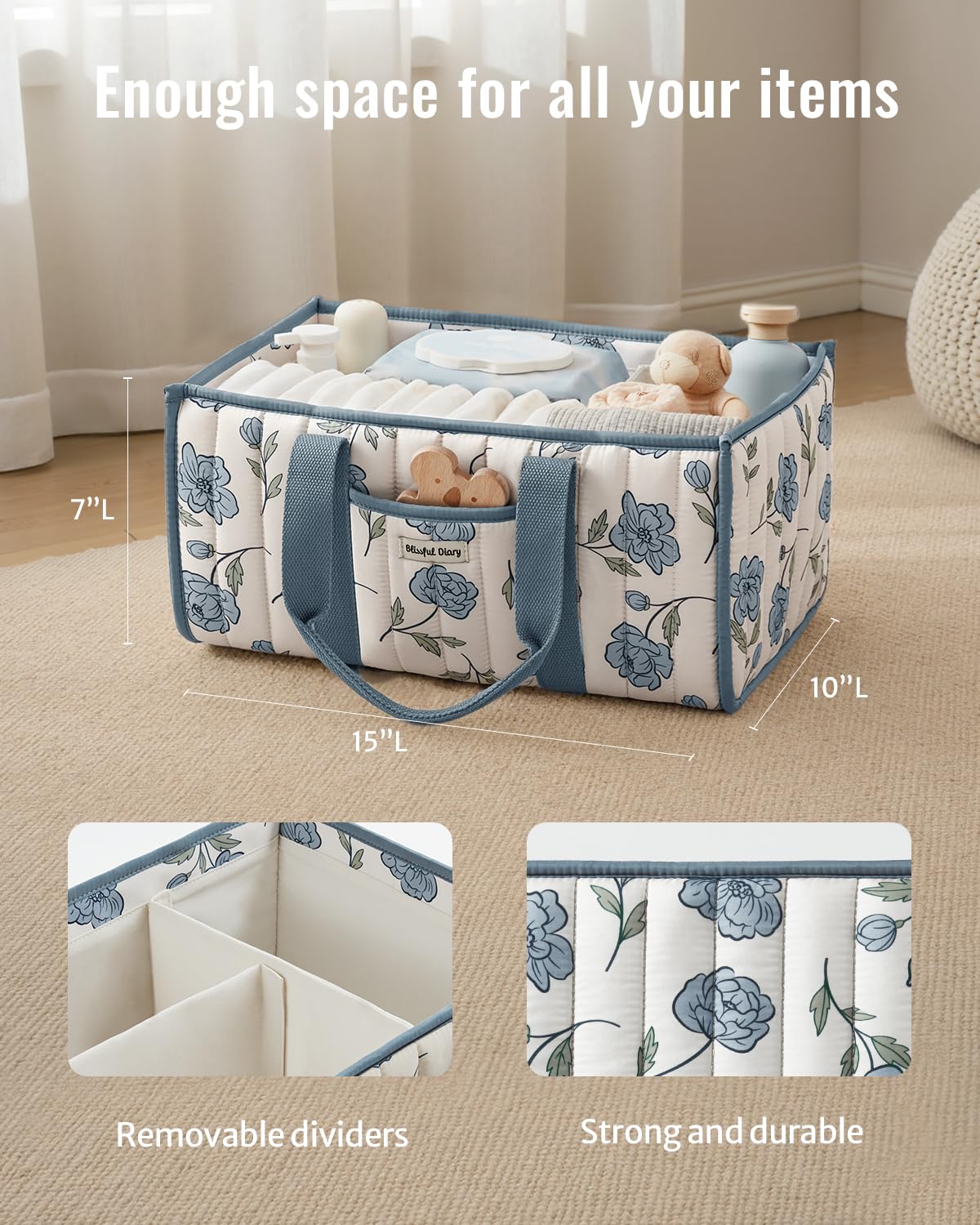 Blissful Diary removable dividers help customize storage in the diaper caddy.