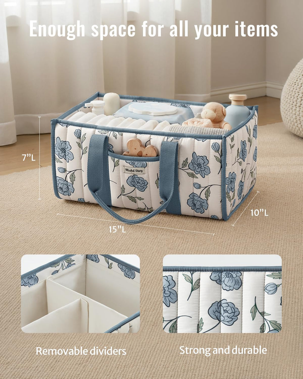 Blissful Diary removable dividers help customize storage in the diaper caddy.