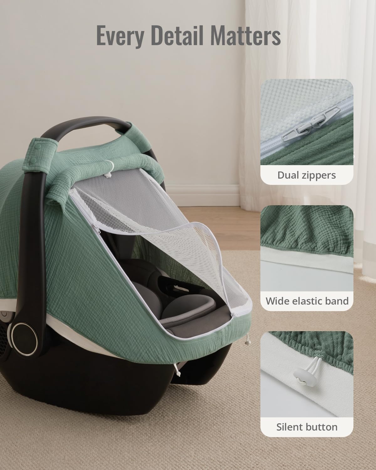 Roman Green finish adds calm, stylish touch for baby gear.