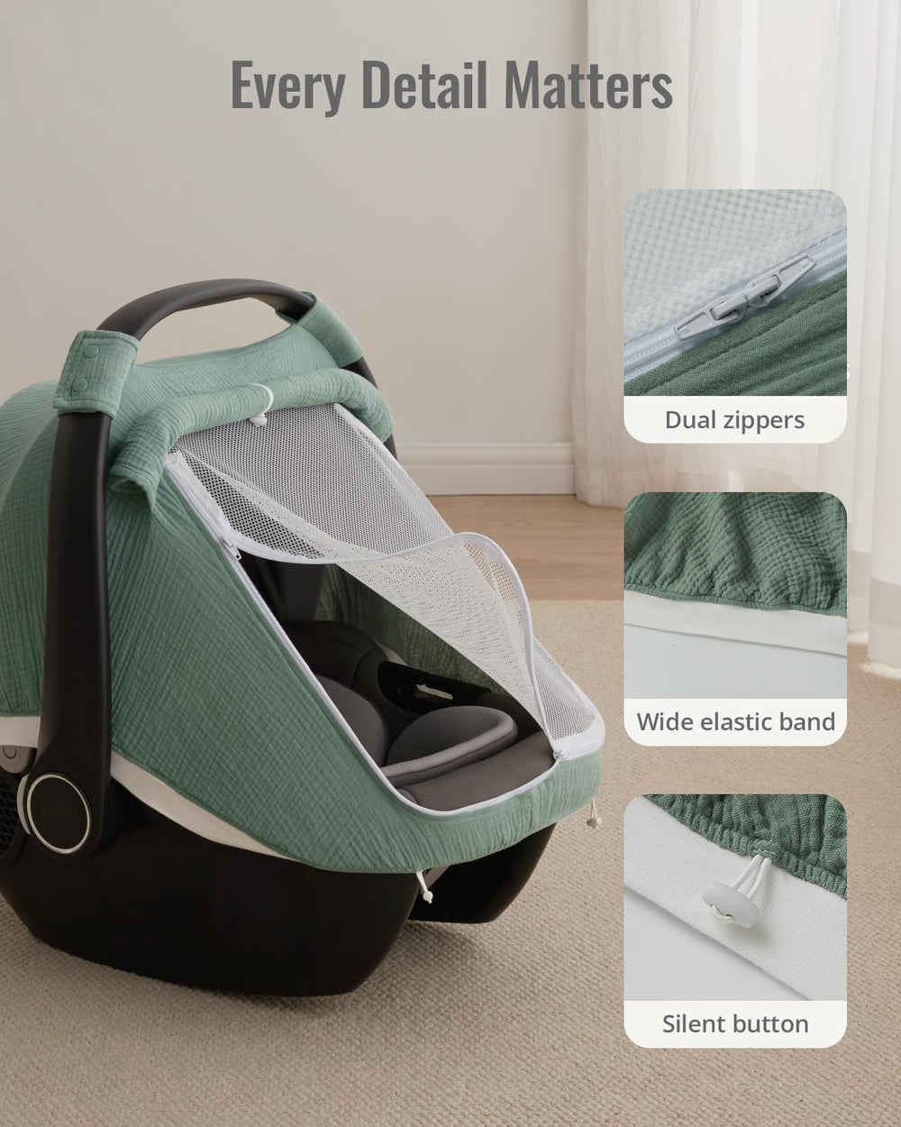 Roman Green finish adds calm, stylish touch for baby gear.