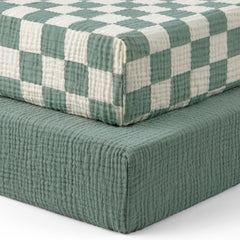 Blissful Diary sage checkboard crib sheet with breathable muslin for cozy naps.