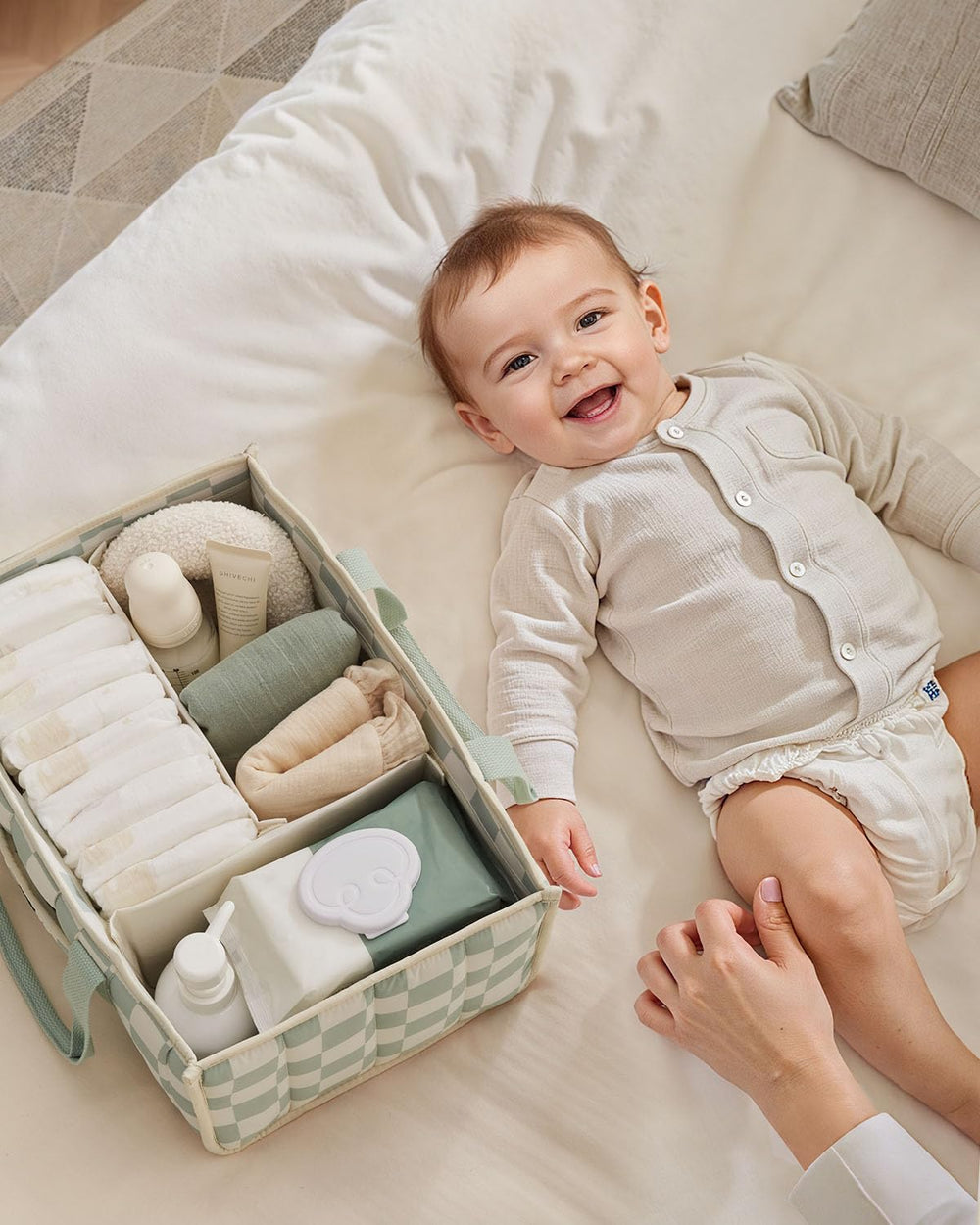 Blissful Diary sage green gingham design adds timeless nursery style.