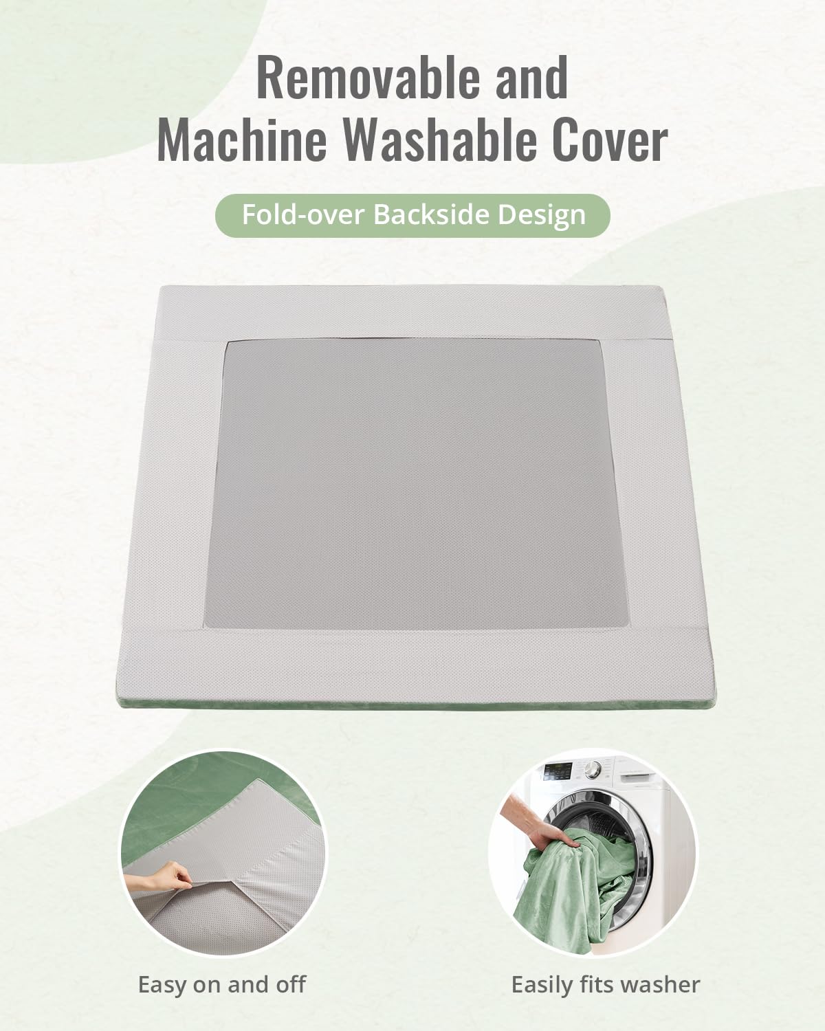 Blissful Diary sage-green mat with washable cover facilitates quick cleanup after messes