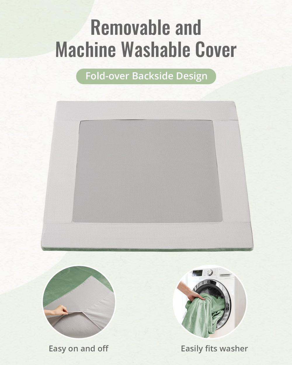 Blissful Diary sage-green mat with washable cover facilitates quick cleanup after messes