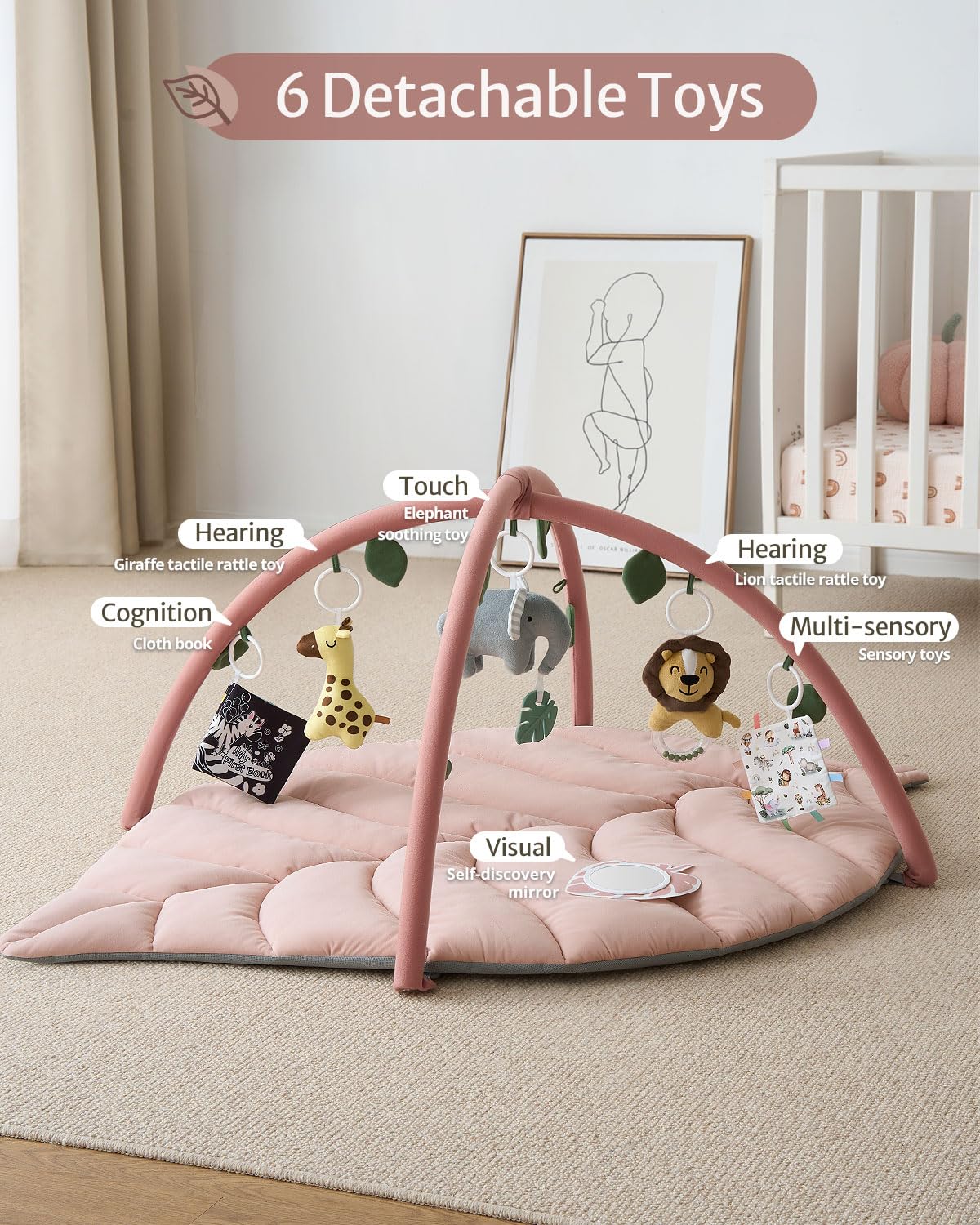 Blissful Diary six detachable toys promote varied sensory engagement during play.