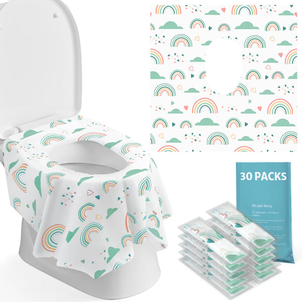 Blissful Diary travel-pack toilet seat cover on a public toilet for quick protection