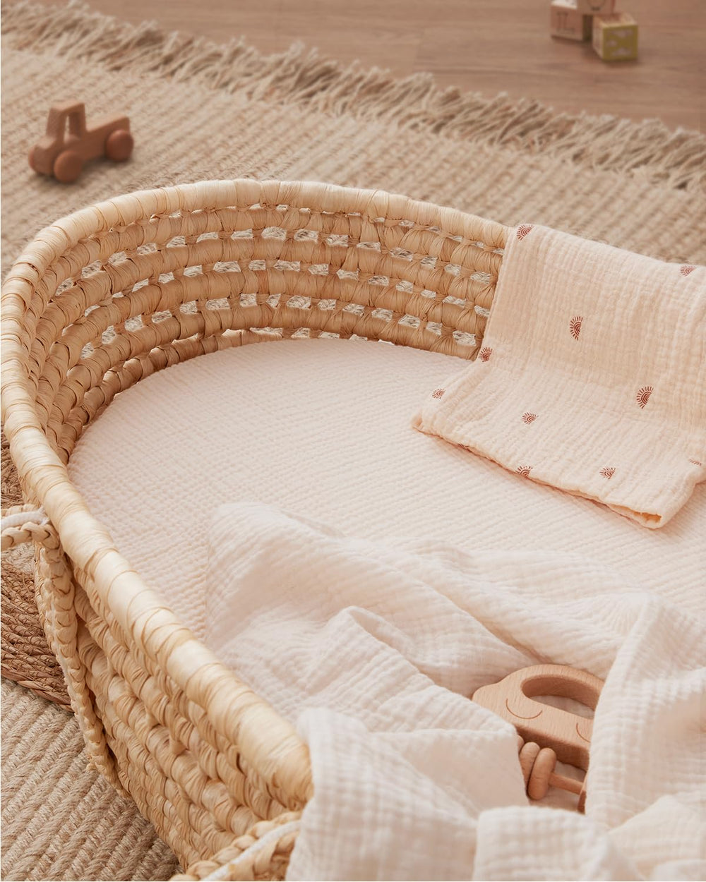 Blissful Diary boho-pattern sheets enhance nursery decor.
