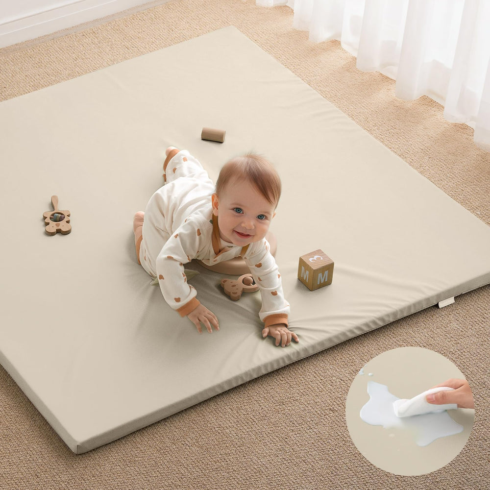 Blissful Diary vegan leather play mat overview in beige, providing cushioned floor space for baby play.