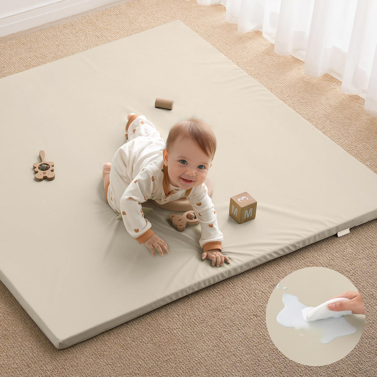 Blissful Diary vegan leather play mat overview in beige, providing cushioned floor space for baby play.