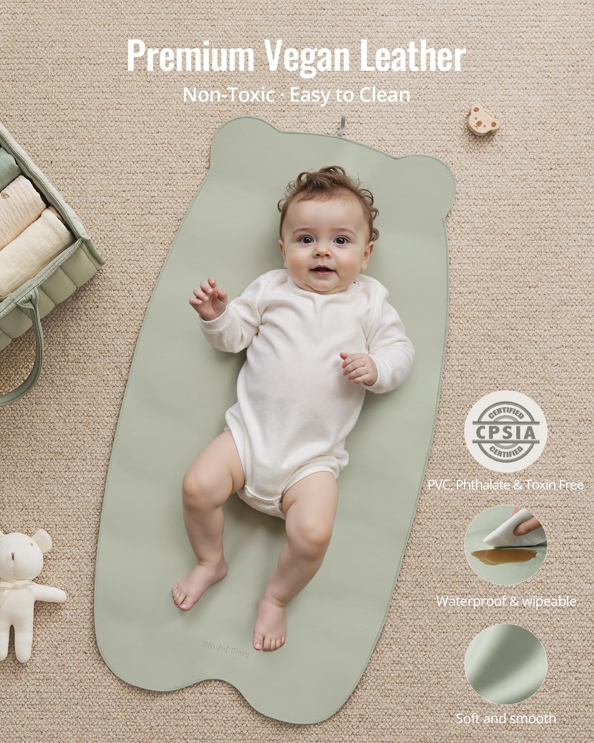 Blissful Diary vegan leather waterproof surface for easy cleanup after diaper changes.