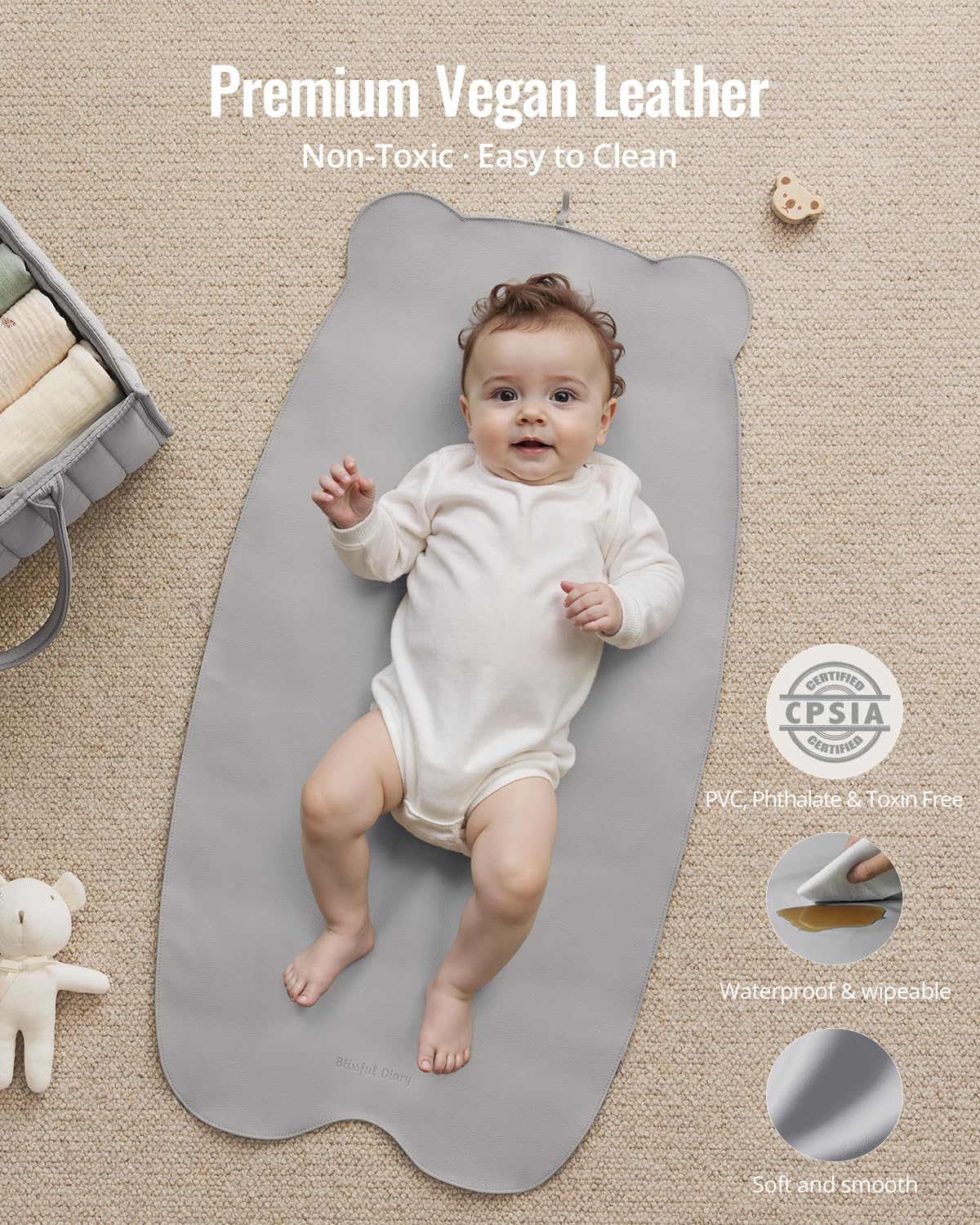 Blissful Diary vegan leather changing pad surface that wipes clean easily