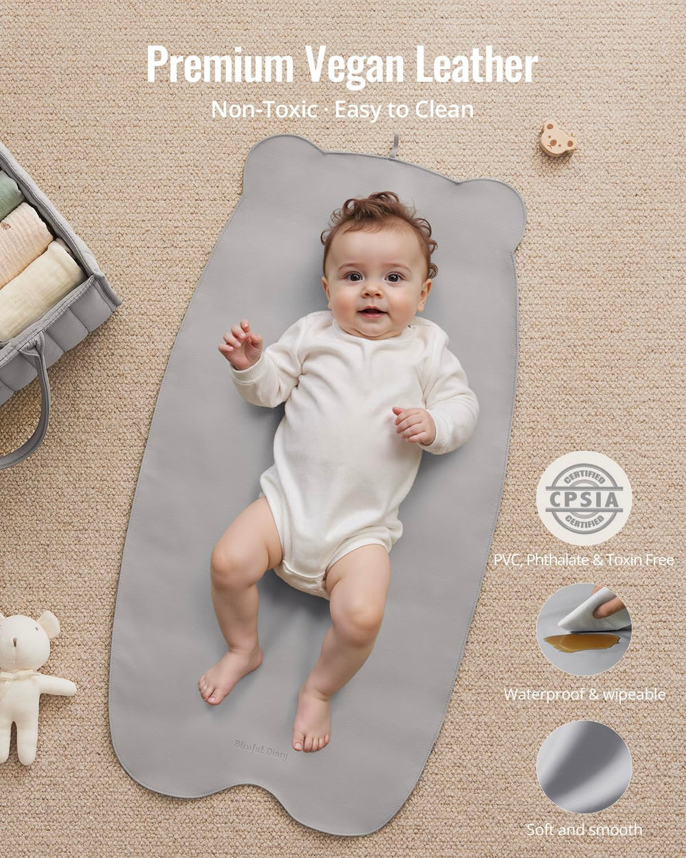 Blissful Diary vegan leather changing pad surface that wipes clean easily