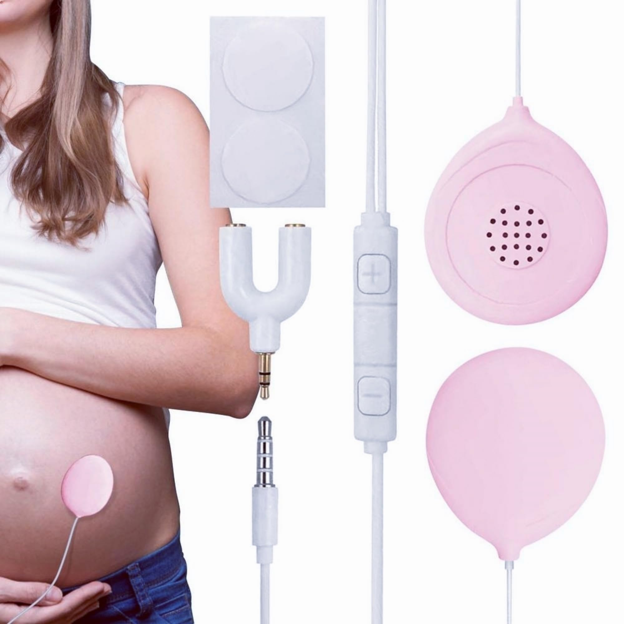 BlissKiss Baby Bump Headphones on the belly provide shared audio for mom and baby bonding.