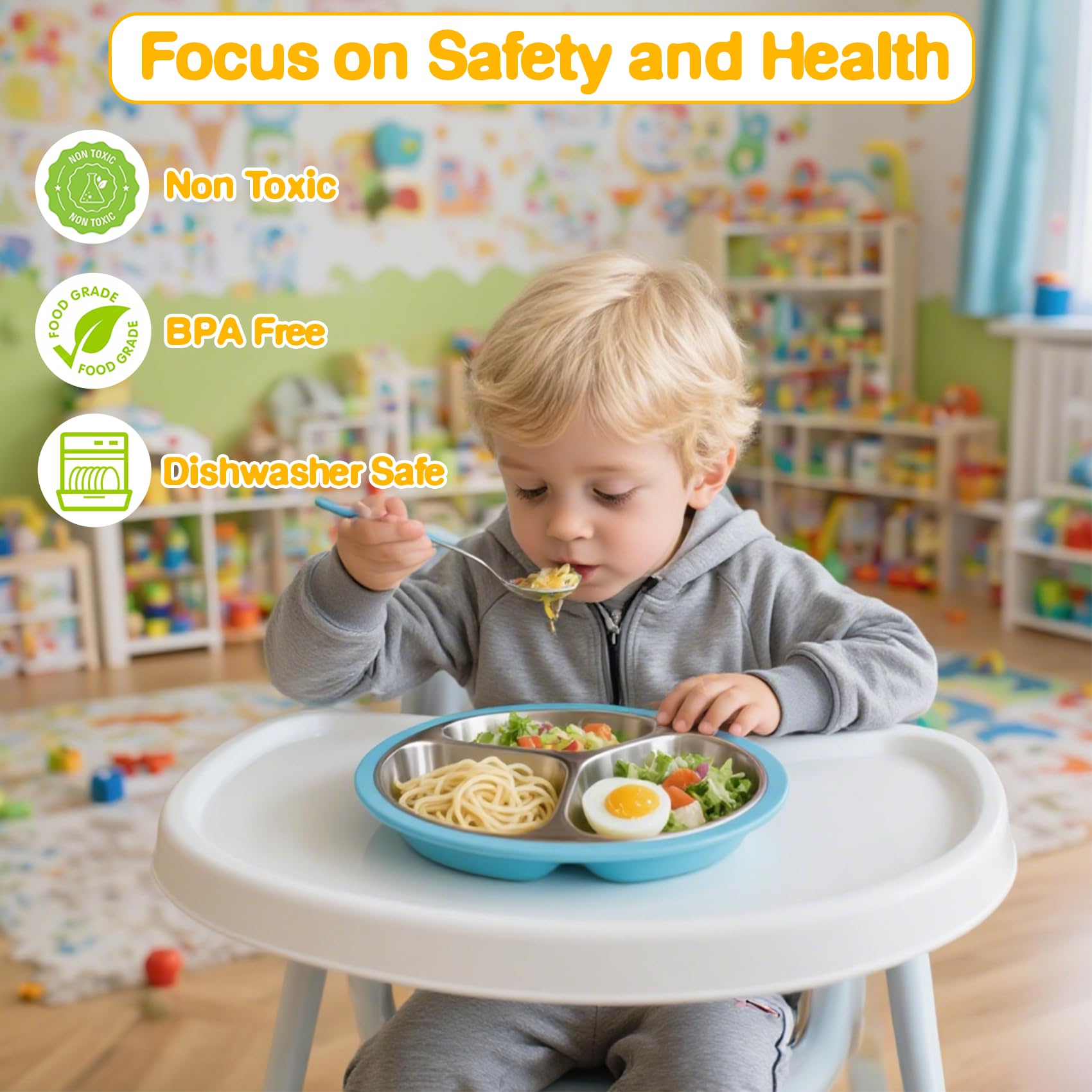 Durable Blissleaf stainless steel divided plate for kids dining