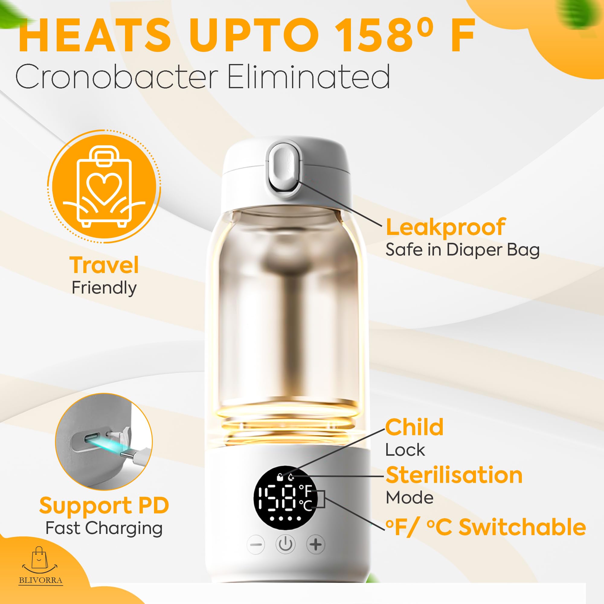 BLIVORRA portable bottle warmer USB-C charging enables quick road top-ups